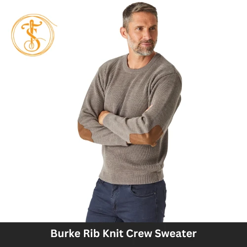 Men's Heavyweight Ribbed Crew Neck Sweater with Suede Elbow Patches
